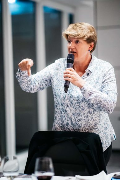 Clare Balding gives a speech to Founders' Circle members at the dinner event organised by charity Just Like Us