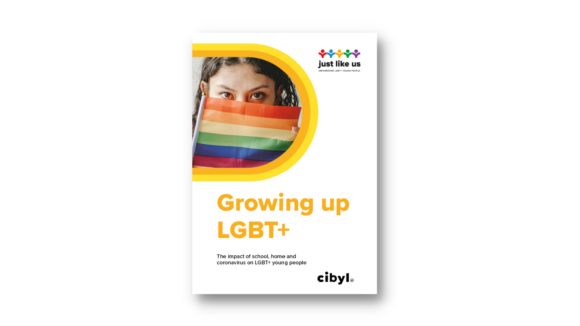 Cover of Just Like Us' Growing Up LGBT+ report into LGBT+ young people's mental health and experiences at school