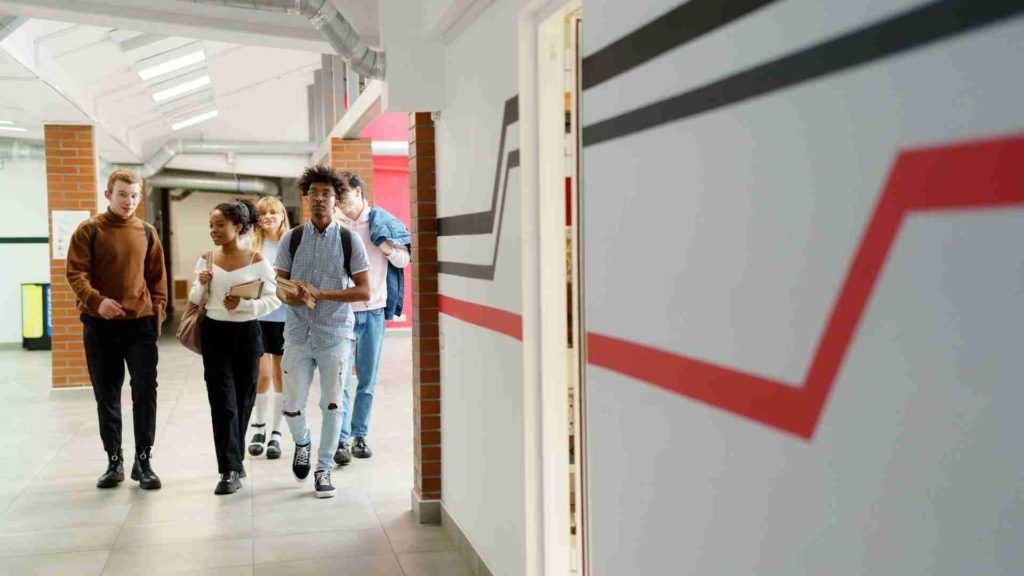Secondary school students in a corridor