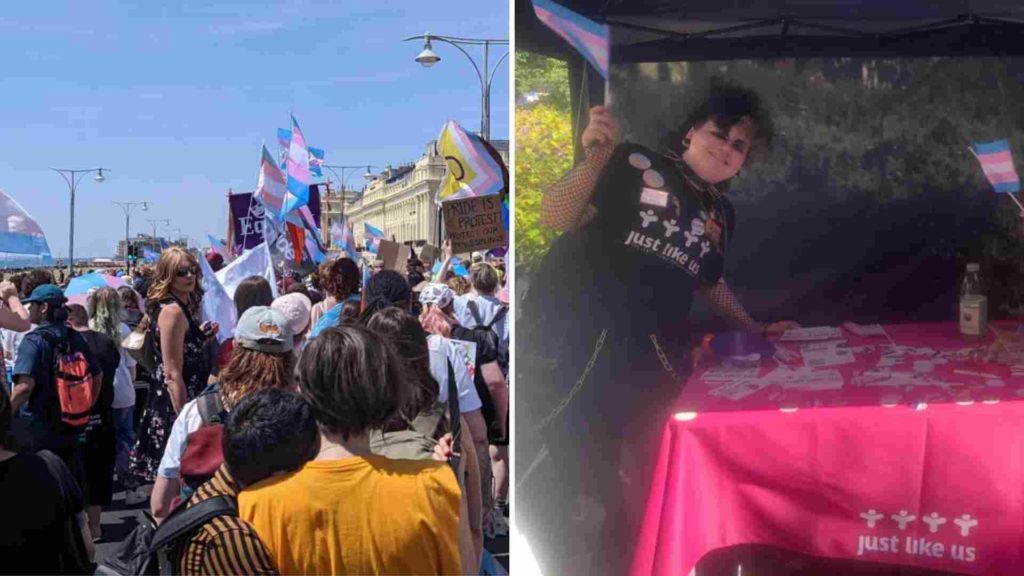 Brighton Trans Pride march and Matthias on the stal