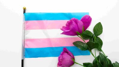 A trans flag covered in flowers for Trans Day of Remembrance