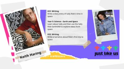 Two photos of the 2023 LGBT History Month resources - one shows Keith Haring, the other Sally Ride