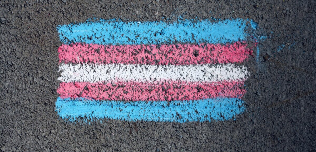 A trans Pride flag painted with chalk on a pavement