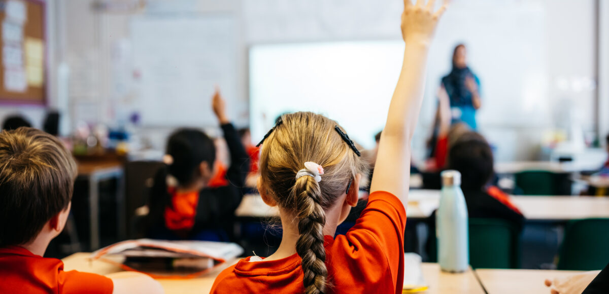 A pupil raises their hand in school
