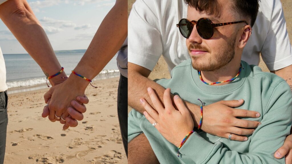 Side by side photos: first shows two people holding hands wearing rainbow pineapple island bracelets, and the second shows two men hugging wearing pineapple island jewellery