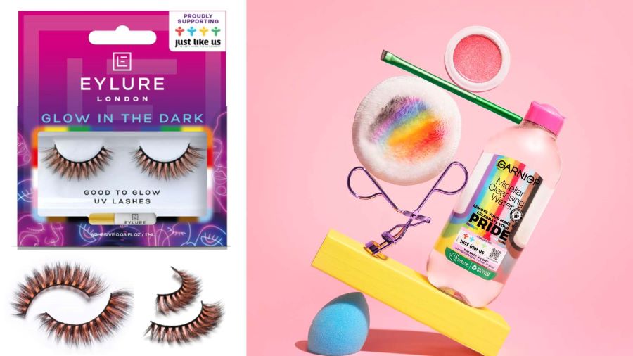 Pride products 2023: side by side images of Eylure's good to glow lashes and Garnier's limited edition micellar water