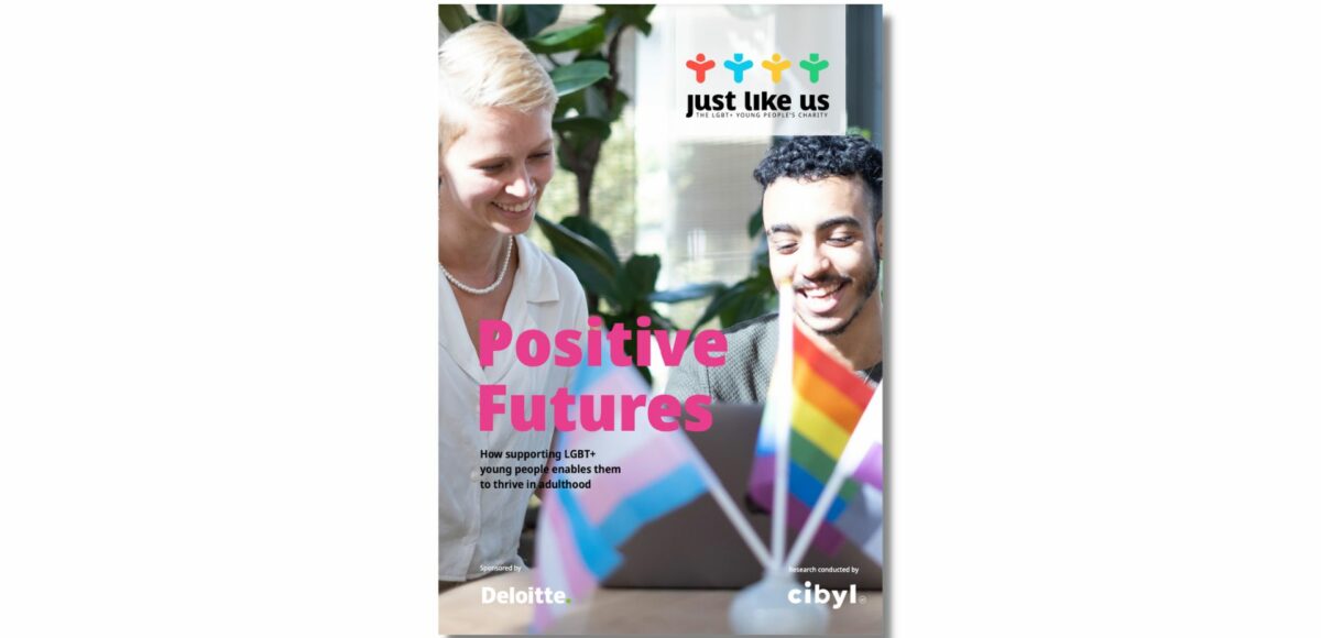 The cover of the Positive Futures report, which features two smiling Just Like Us ambassadors