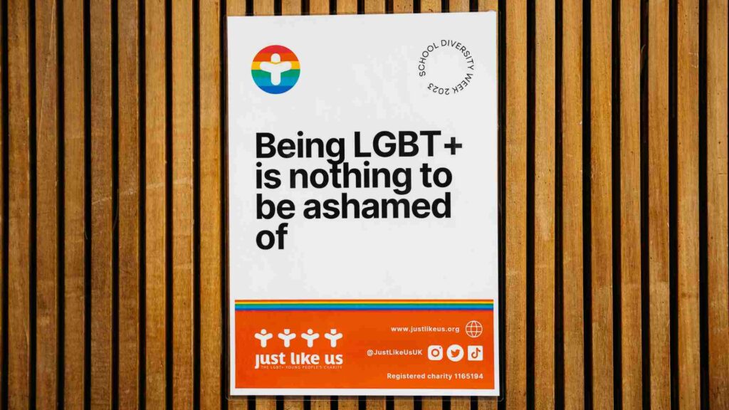Being LGBT+ is something to be celebrated! poster in a secondary school for School Diversity Week 2023