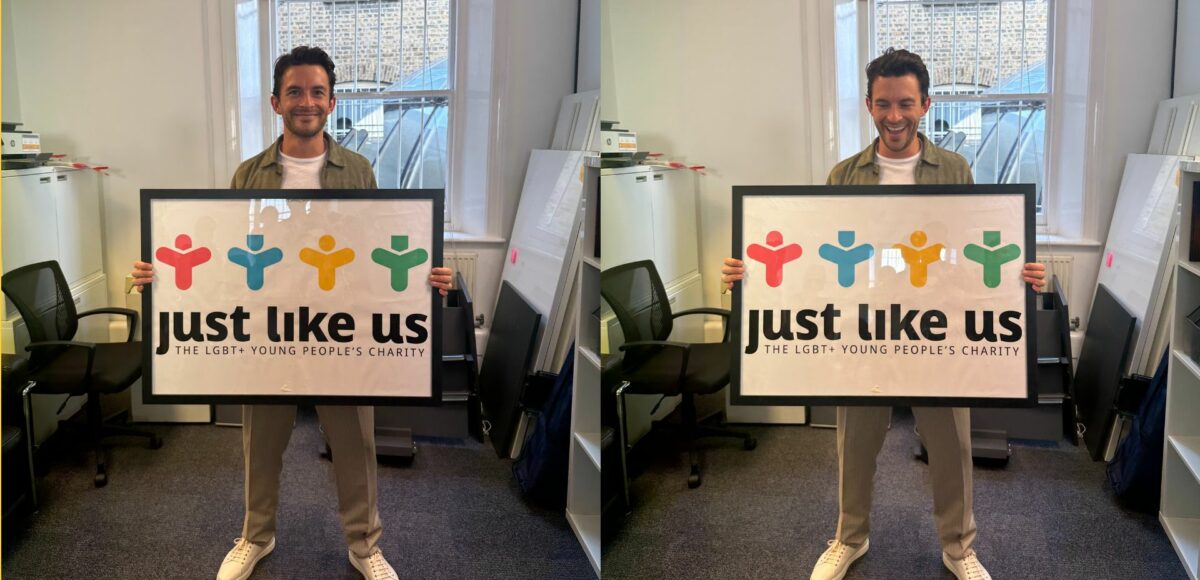 Two side-by-side photos of Jonathan Bailey holding a sign that reads "Just Like Us" and smiling