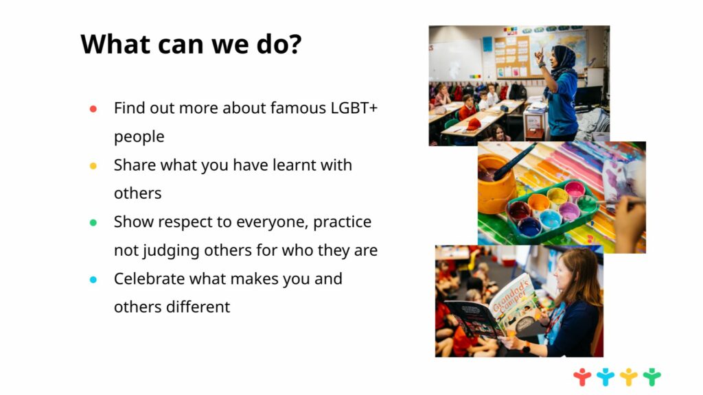 The "What can we do?" slide from the primary school assembly resource for LGBT+ History Month 2024
