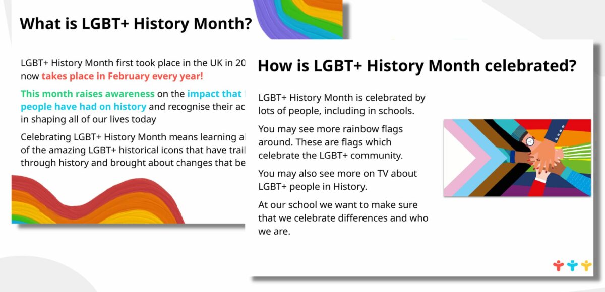 Example slides from the LGBT+ History Month 2024 assemblies