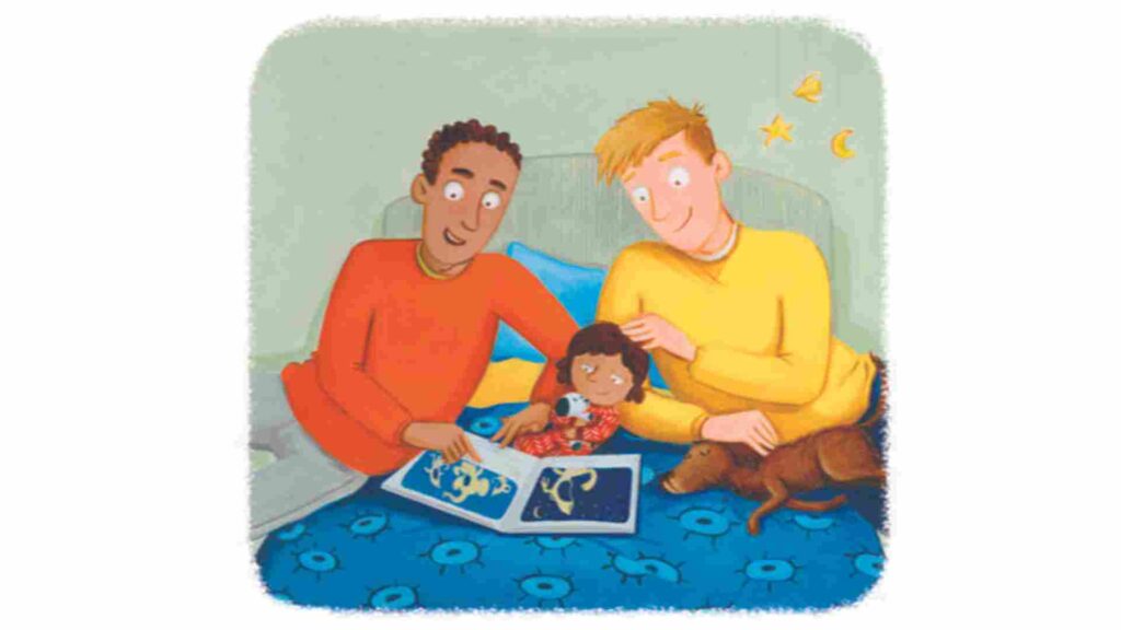 Illustrated image of two dads and their child from the My Daddies book