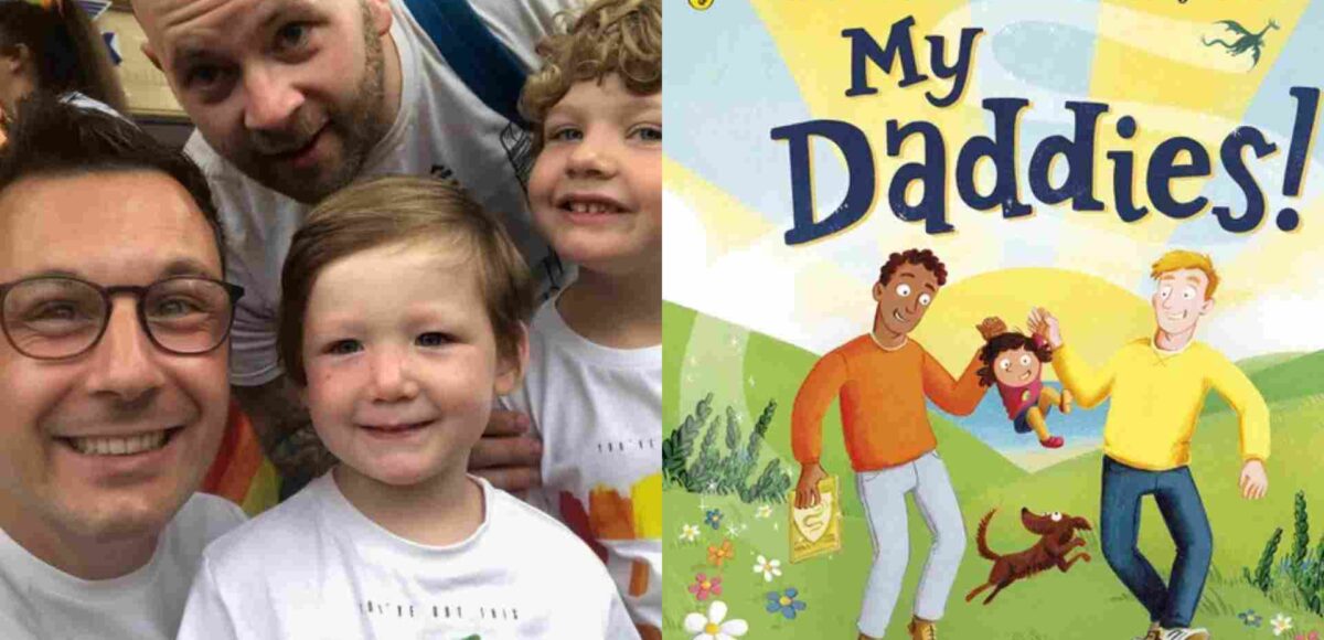 Gareth Peter and his families next to his book cover, My Daddies