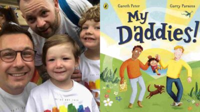Gareth Peter and his families next to his book cover, My Daddies