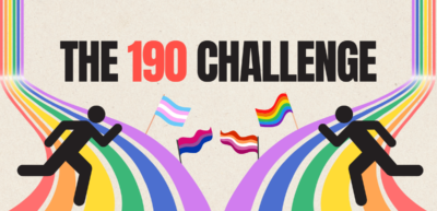 Two stick figures running on a rainbow track with LGBT+ Pride flags for the 190 challenge for Just Like Us